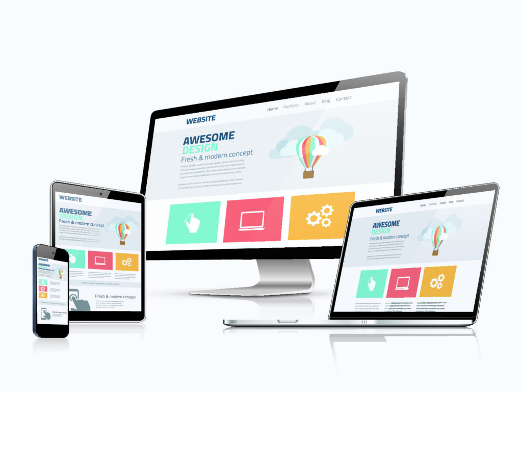 mock ups of a website on phone, tablet, desktop, and laptop with example layouts of a website to represent Kazzicoms web design services.