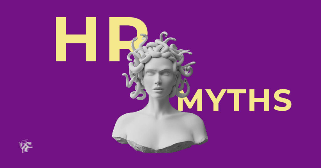 A image of a stone medusa bust with the words 'HR Myths' behind