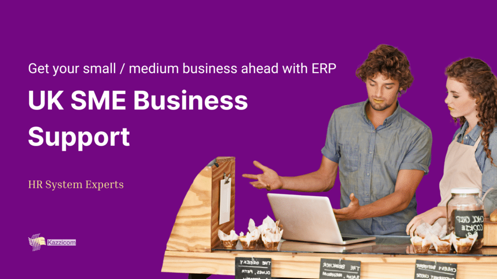 Header for blog with title 'UK SMEs Business Support' and subheading 'Get your small / medium business ahead with ERP' with an image of a male and female coffee shop owners