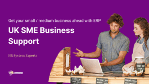 Header for blog with title 'UK SMEs Business Support' and subheading 'Get your small / medium business ahead with ERP' with an image of a male and female coffee shop owners