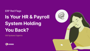 A banner for the latest blog with text 'ERP Red Flags' and 'is your HR & Payroll system holding you back?' alongside a cartoon image of a woman getting stressed at her work computer