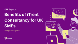 text saying benefits of iTrent Consultancy for UK SMEs and a cartoon image of a man sharing information