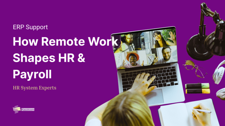 A header for a blog with text 'how remote wor shapes hr & payroll' with an image of someone working on their laptop and writing on a notebook with headphones, pens, and a lamp